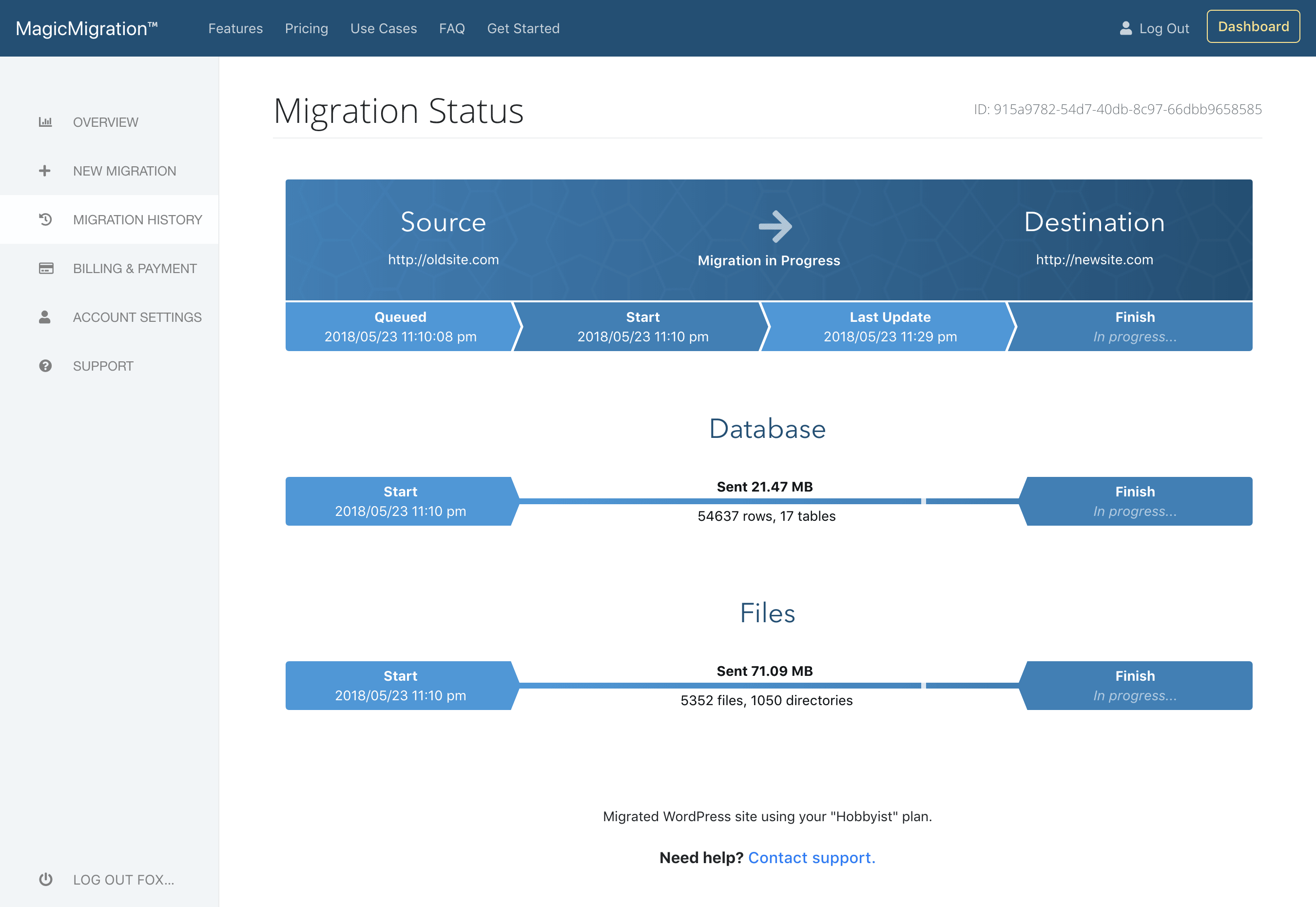 Migration Status Screenshot